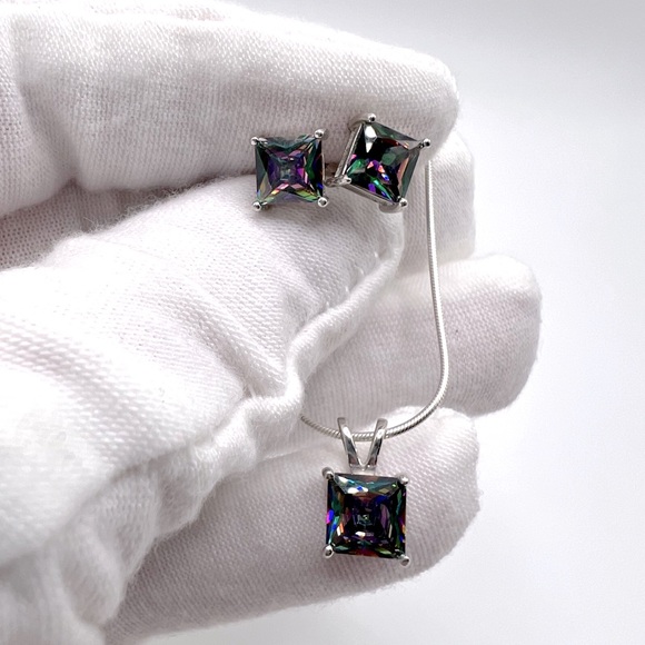 .925 Sterling Silver Rainbow Topaz Cz Necklace & Earring Set - Picture 7 of 16